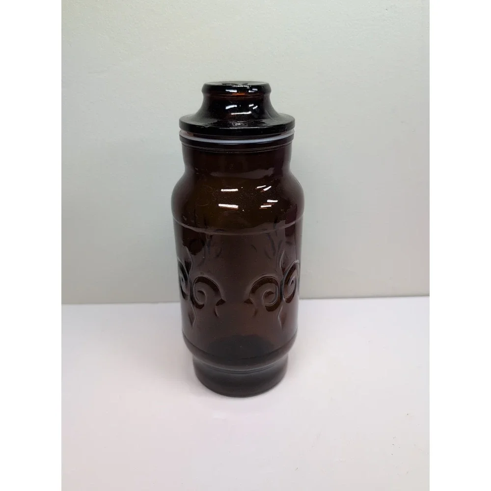 Vintage Borden Jar 1970's Fleur‎ De Lis Apothecary With Lid Dark Amber